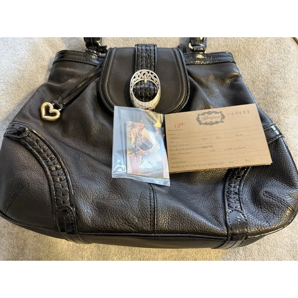 Brighton Handbag Black Leather Hobo Purse Heart Charm Shoulder Bag Silver Detail